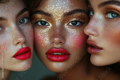Close-up of three women with vibrant makeup
