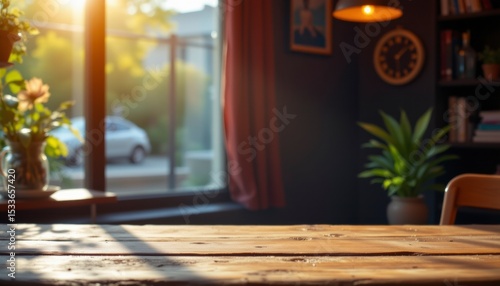 Rustic Wooden Table in Sunlit Room Interior