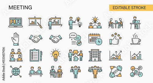 Vector Icons Depicting Various Aspects of Business Meetings and Collaboration