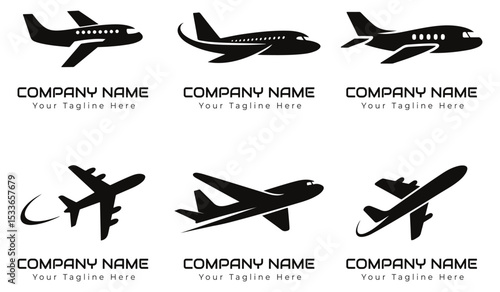 Modern Airplane Logo Vector Set for Aviation and Airline Branding. Airplane logo bundle for branding a company. Silhouette airplane logo icon bundle
