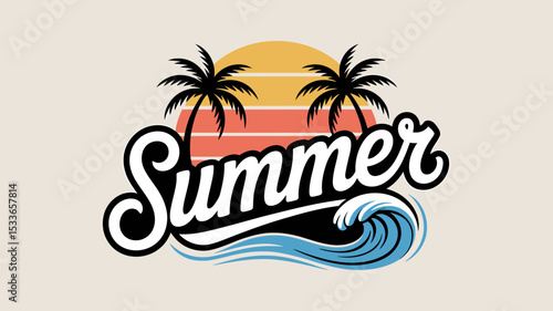 Retro Summer Design with Palm Trees and Ocean Wave