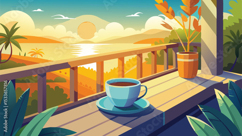 Serene balcony scene featuring a cup of coffee with sunset view and decorative foliage