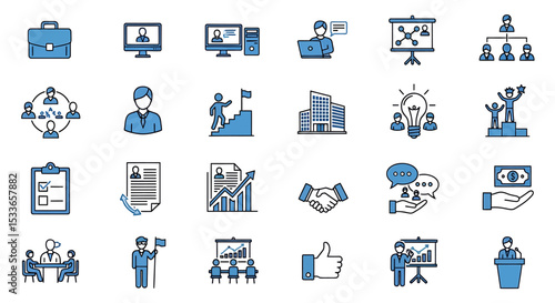 Business and Management Icon Set in Blue Outline Style