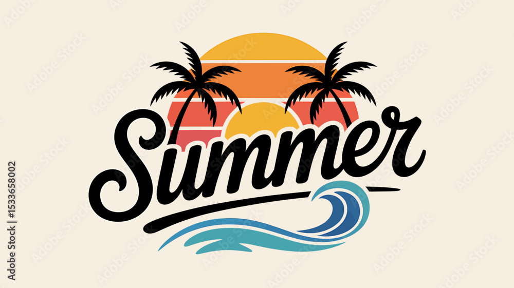 Naklejka premium Summer Themed Graphic Featuring Palm Trees, Sunset, and Waves