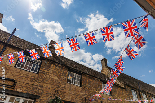 Union Jack flag bunting on a sunny day