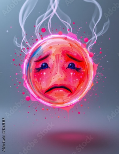 Digital Painting of a Sad Emoji Sphere with Glowing Pink and Red Hues