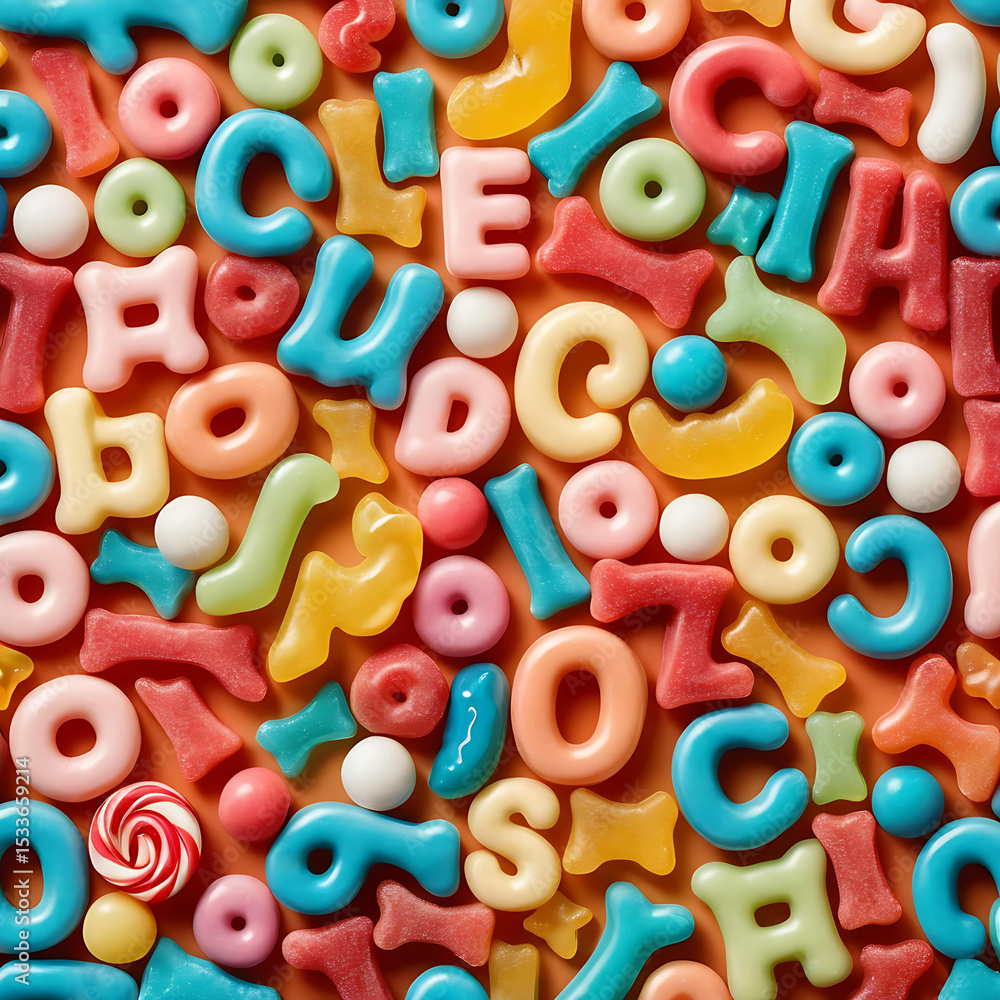Colorful Gummy Alphabet Letters and Candy Shapes on Orange Background Colorful Gummy Alphabet Letters and Candy Shapes on Orange Background