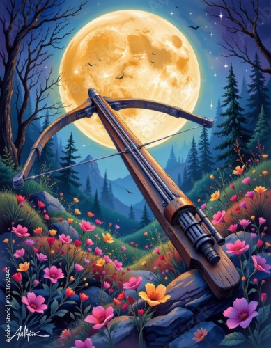 Vintage Crossbow in a Moonlit Flowery Forest
