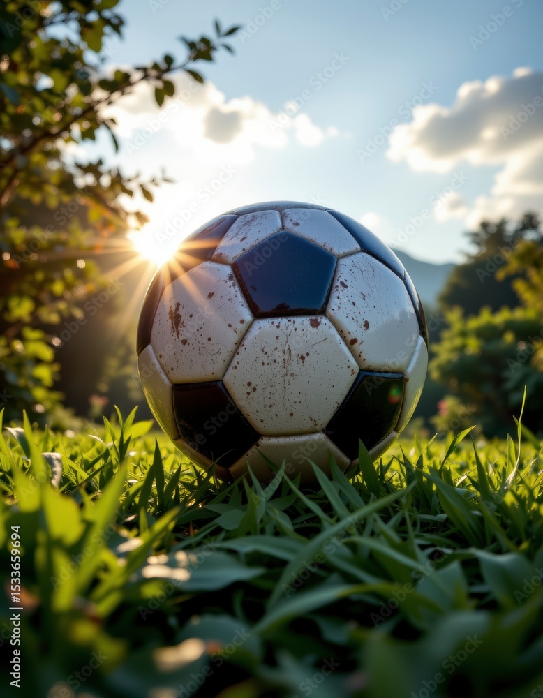 Fototapeta premium Muddy Soccer Ball in Sunset Grass Field