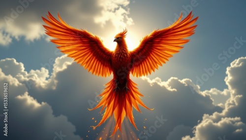 Fiery Phoenix Soaring Through Bright Cloudscape