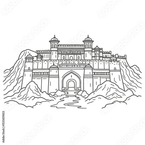 Jaisalmer Fort Rajasthan Line Art Illustration, Detailed Black and White Drawing of Famous Indian Desert Fortress with Sandstone Walls, Bastions, Palaces and Rajput Architecture