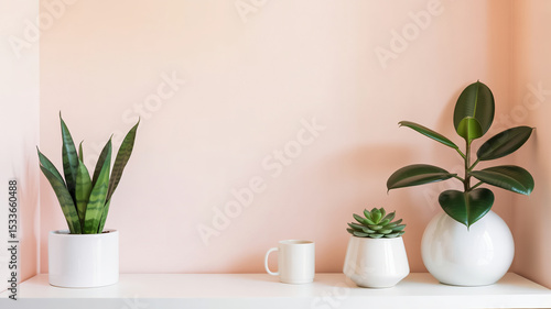 Minimalist interior with white ceramic planters and green houseplants on white shelf against pale pink wall

