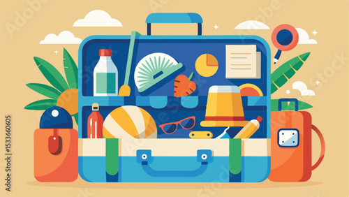Stylized illustration of a packed suitcase with travel accessories and vacation elements