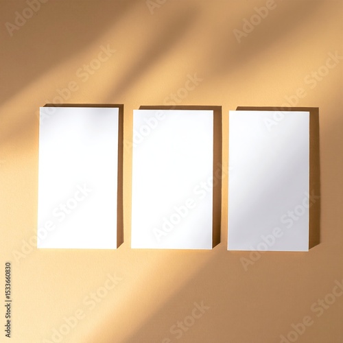 Three pristine, blank sheets of white paper are taped to a textured wall, casting soft shadows, inviting creativity and ideas to be written.