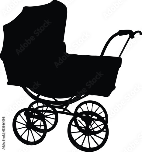 baby stroller silhouette, pram vector icon, newborn carriage design







