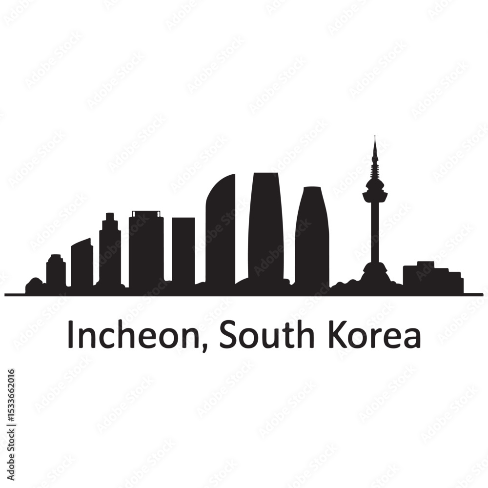 Fototapeta premium Incheon skyline horizontal banner. Incheon, South Korea. Vector template for your design. Vector black silhouette. with white background