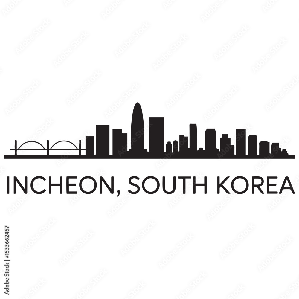 Incheon skyline horizontal banner. Incheon, South Korea. Vector template for your design. Vector black silhouette. with white background Incheon skyline horizontal banner. Incheon, South Korea. Vector template for your design. Vector black silhouette. with white background