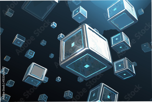 Generate a vibrant, abstract image of layered, floating, translucent cubes in a futuristic, neon-lit environment.  Focus on depth and geometric precision.
