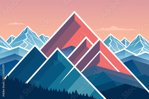Generate an abstract image depicting stylized geometric mountain shapes with a bold gradient color scheme.  Emphasis on sharp lines and vibrant hues.