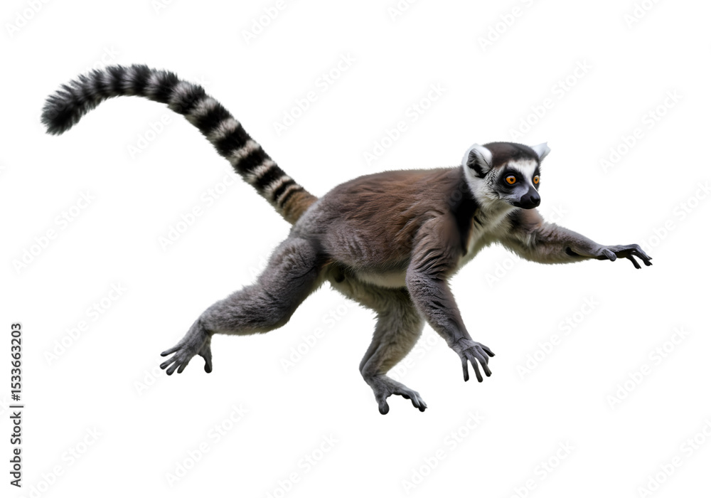 Naklejka premium Ring-tailed Lemur in Motion: Stunning Wildlife Photography on white background