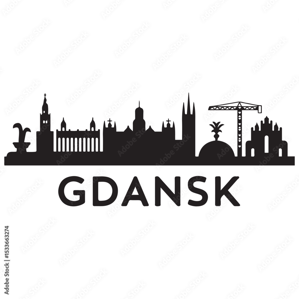 Obraz premium Gdansk skyline horizontal banner. Gdansk, Poland. Vector template for your design. Vector black silhouette. with white background