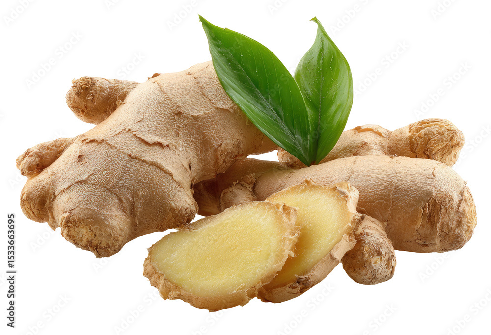 Fototapeta premium Fresh Ginger Root with Slices and Leaves on Transparent Background