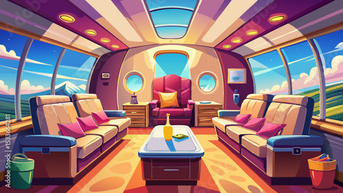 a luxurious interior of a private jet showcasing a comfortable seat stylish decor and refreshing views of the sky embodying the epitome of elite travel lifestyle and sophistication Very beautiful