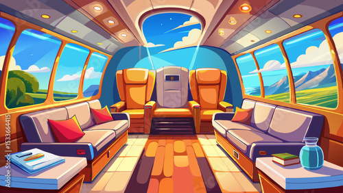 a luxurious interior of a private jet showcasing a comfortable seat stylish decor and refreshing views of the sky embodying the epitome of elite travel lifestyle and sophistication Very beautiful