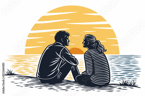 Create a bold, vector illustration of a couple romantically sitting side-by-side, emphasizing thick outlines and strong silhouettes.