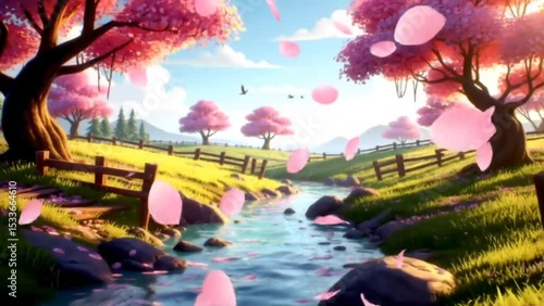 Pink sakura petals floating in the breeze above a small sparkling stream lined with cherry trees and wooden fences in dreamy countryside at sunrise. Nature fantasy concept
