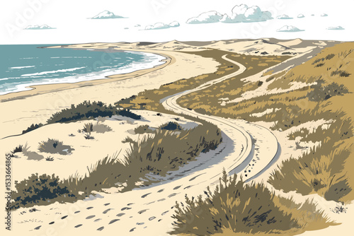 Create a bold, vector illustration of an aerial beach view with strong outlines, emphasizing texture and vibrant colors.  Focus on detailed sand and water.