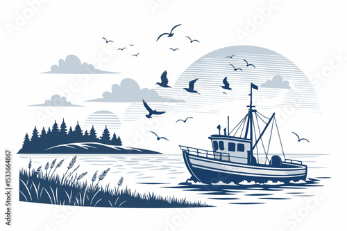 Create a bold, vector illustration of a fishing trawler near the coast, emphasizing strong black outlines and clean lines.  The boat should be detailed.