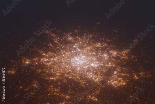 Fototapeta Naklejka Na Ścianę i Meble -  Aerial shot of Paris (France) at night, view from north. Imitation of satellite view on modern city with street lights and glow effect. 3d render