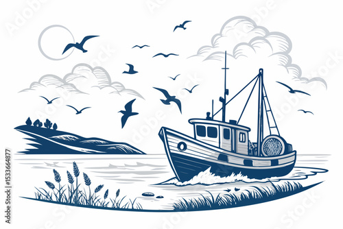 Create a bold, vector illustration of a fishing trawler near the coast, emphasizing thick outlines and vibrant colors.