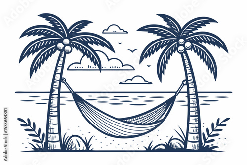 Create a bold vector illustration of a single hammock strung between two sturdy posts.  Focus on clean lines and strong contrast.