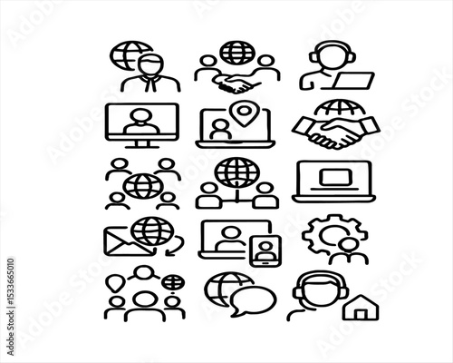 Global communication and networking icons set.  A collection of simple line art icons depicting various aspects of global communication, networking, and online collaboration.