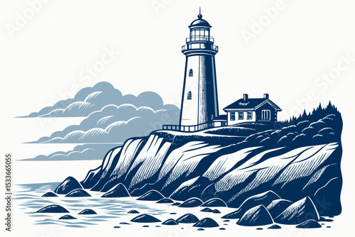 Create a vector illustration of a bold-stroked lighthouse perched dramatically on a rocky outcrop, emphasizing strong lines and high contrast.