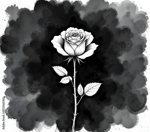 Create an image of a single white rose with leaves and stem, drawn in a sketchy, hand-drawn style with visible lines. The background should be a dark, smoky texture, resembling dark ink or watercolor 