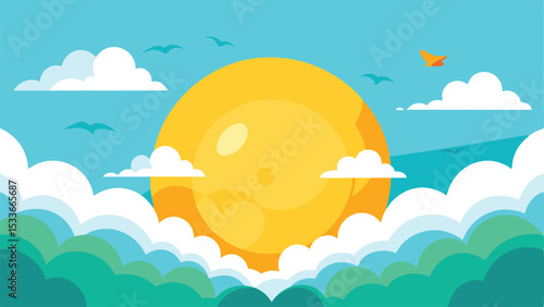 Sunny day scene with sun clouds and birds illustration with a bright sky