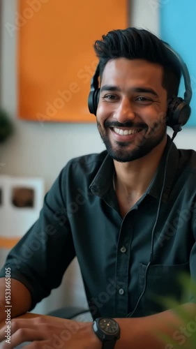 A mid-adult Hindu man working as a support call-center agent types responses and speaks politely while assisting customers