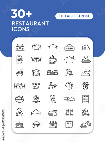 Collection of restaurant icons, including food, staff, tables, and various restaurant elements.