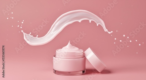 Pink moisturizing cream in jar with splash