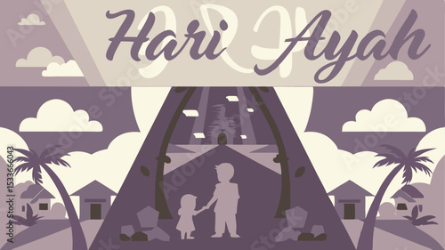 Artistic celebration of hari ayah indonesian father's day featuring silhouette of a father and child with palm trees and cloudscape illustration.