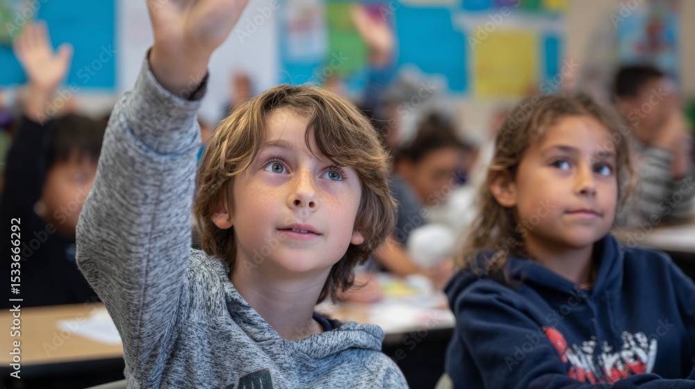 Fototapeta premium Young students raising hands in bright classroom during lesson 