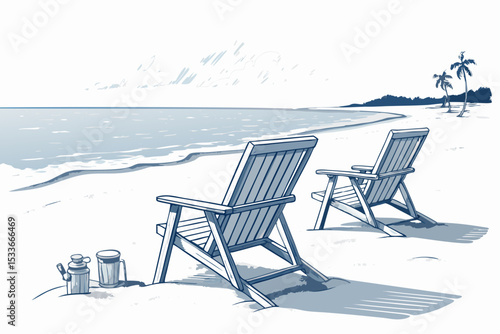 Create a bold vector illustration of beach lounge chairs, emphasizing thick outlines and strong graphic style.  Include multiple chairs.