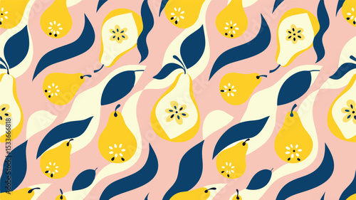 Seamless pattern featuring stylized yellow pears with dark blue leaves on a light pink background artfully arranged