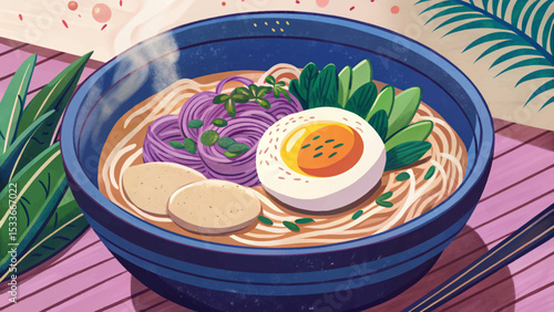 Japanese ramen bowl with soft-boiled egg, miso broth, noodles, and toppings, showcasing traditional Asian cuisine and comfort food appeal