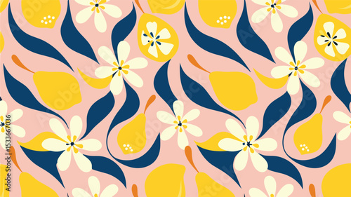 Aesthetic pattern featuring lemons pears flowers and leaves on a light pink background design repeat style