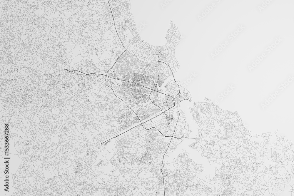 Fototapeta premium Map of the streets of Dar Es Salaam (Tanzania) on white background. 3d render, illustration