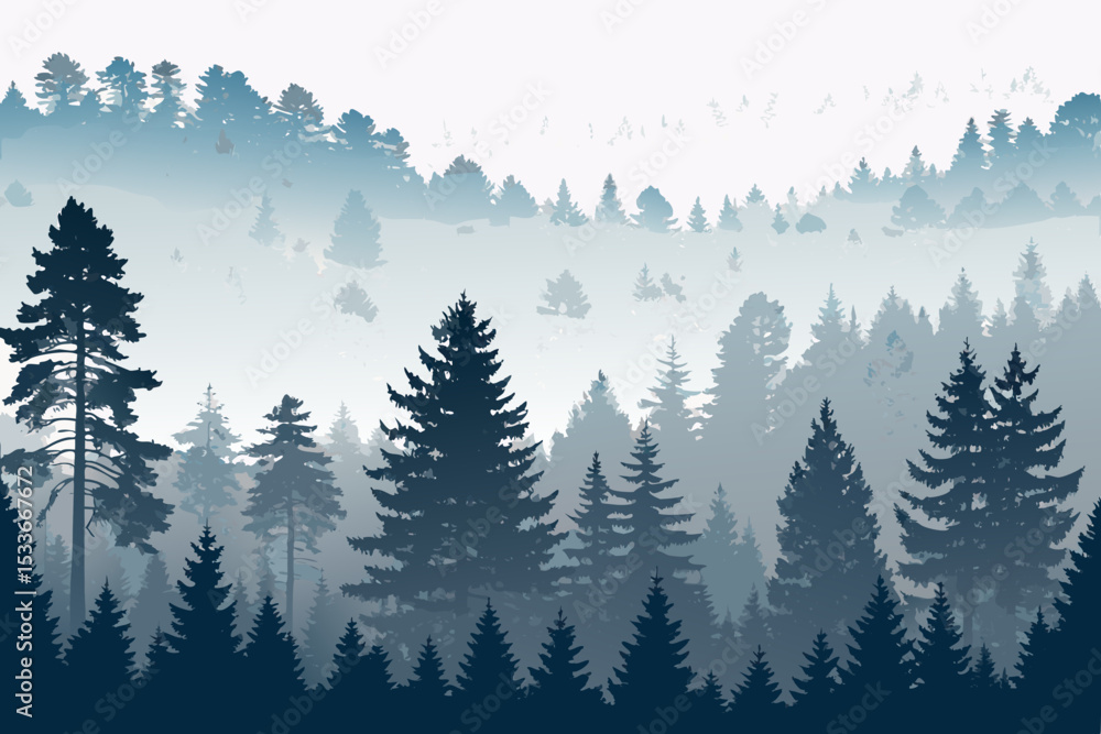 Obraz premium Create a bold vector illustration of a foggy forest scene, emphasizing thick, dark tree trunks and a mystical, atmospheric feel. Overlapping tree shapes.